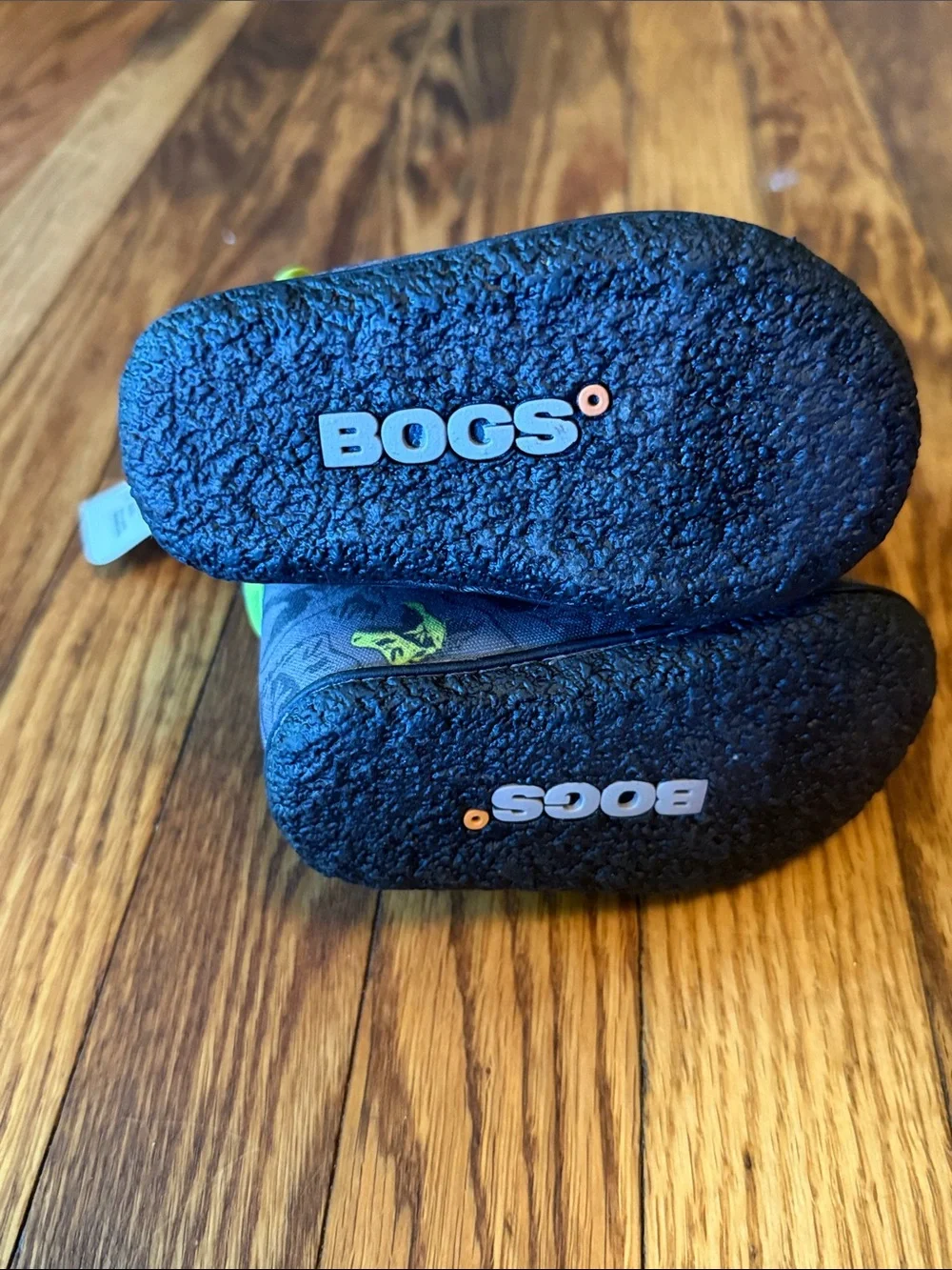 Bogs Kids Gray Rain Boots with Neon Green Trim and Dinosaur Print